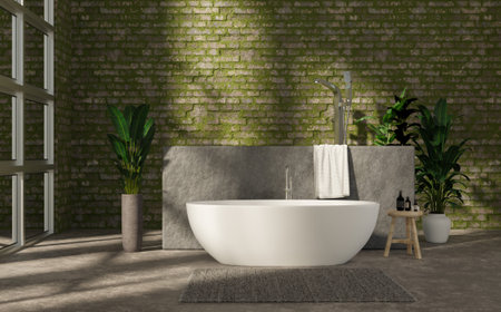 Mock up bathroom with white bathtub, 3d illustration renderingの写真素材