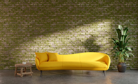 Mock up room with moss brick wall and yellow sofa , 3d illustration renderingの写真素材