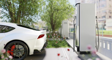 EV car stop at EV charger station in big city, This picture is 3d illustration renderingの写真素材