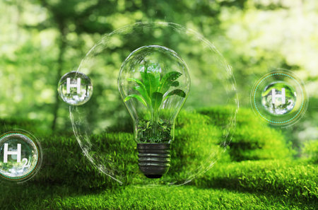 plant in bulp with bubble hydrogen energy and hydrogen power, zero emission concept, this picture is 3d illustration renderingの写真素材
