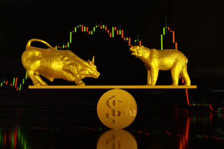 Bull and bear fighting investigating uptrend and down trend of foreign exchange trading market, 3d illustration renderingの写真素材