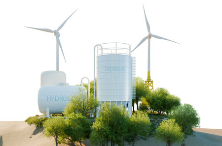 Hydrogen storage in green environments with wind turbine isolated on white background with clipping...