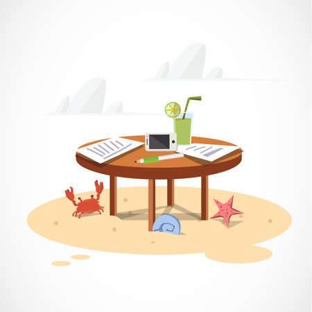 worker table on the beach in holiday - vector illustrationのイラスト素材