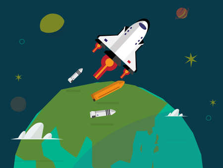 Space shuttle launching and rocket separation over the earth - vector illustrationのイラスト素材