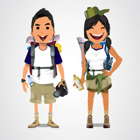 A vector illustration of adventure tourism - boy and girl - vector illustrationのイラスト素材
