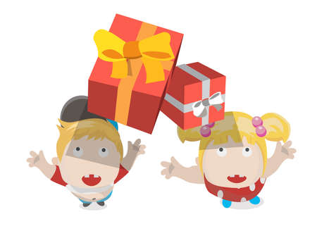 gift box falling to boy and girl - vector illustrationのイラスト素材