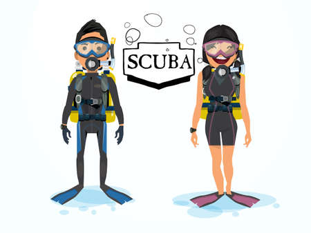 Scuba diving. male and female character - vector illustrationのイラスト素材