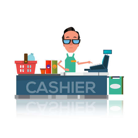 cashier man prepares purchasing at supermarket - vector illustrationのイラスト素材