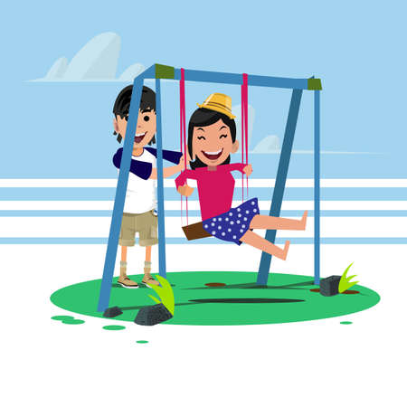 couple of teenager playing a swing - vector illustrationのイラスト素材