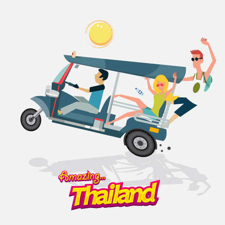 three wheels car with tourism. tuk tuk. Bangkok Thailand - vector illustrationのイラスト素材