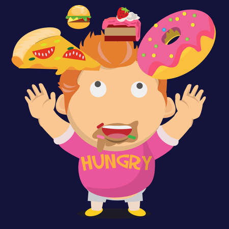 hungry fat boy and his falling dessert - vector illustrationのイラスト素材