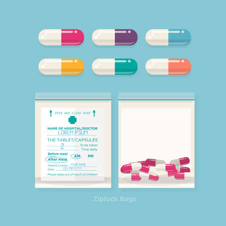 colourful pills and ziplock bags. medicine - vector illustrationのイラスト素材