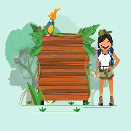 adventure girl with presenting jungle wood board - vector illustrationのイラスト素材