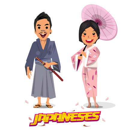 japanese man and women in traditional uniform - vector illustrationのイラスト素材