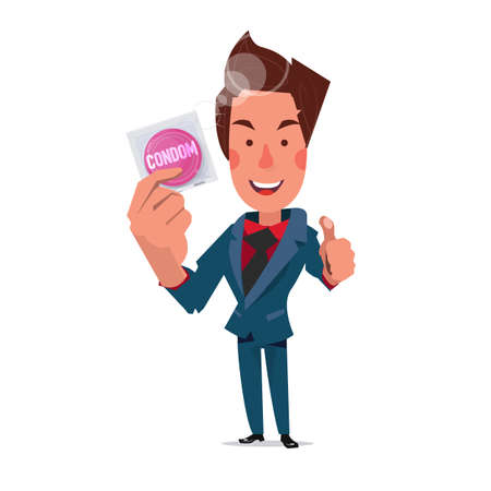 smart man showing condom pack. character - illustrationのイラスト素材