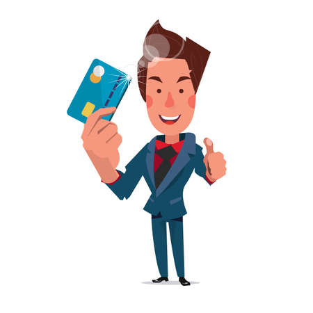 smart man showing credit card. character - illustrationのイラスト素材