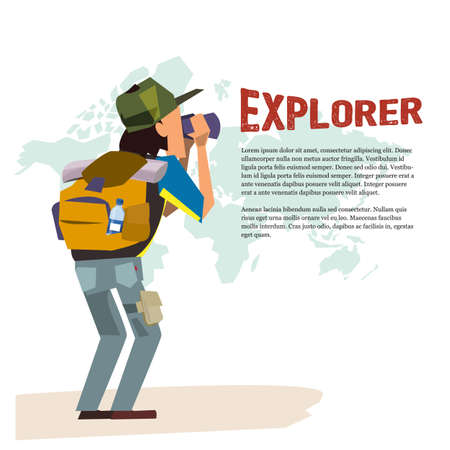 explorer man with telescope. backpacker character. adventure concept - illustrationのイラスト素材