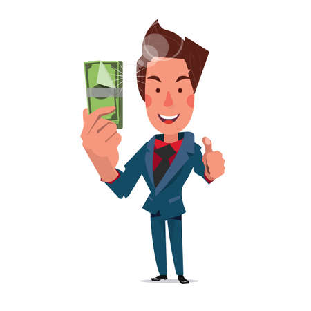 smart man thumbs up and show money. bank note - illustrationのイラスト素材