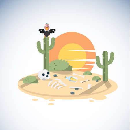 dead dessert with human skeleton. cactus. vulture - illustrationのイラスト素材