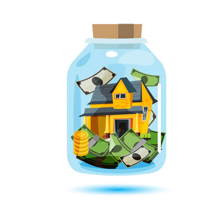 house with money in glass bottle - illustrationのイラスト素材