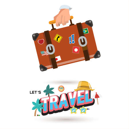 travel bag in hand with letters design in cartoon style. vacation concept - vector illustrationのイラスト素材