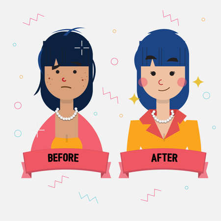 acne girl become pretty girl. beautiful concept. before and after - vector illustrationのイラスト素材