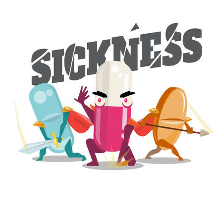medicine character fighting for good healthy concept .capsule and tablet - vector illustrationのイラスト素材