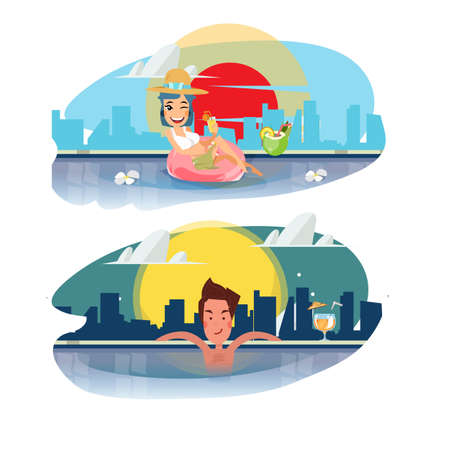 smart man and women relaxing in a swimming pool with a cocktail. sky pool with city background. luxury concept - vector illustrationのイラスト素材