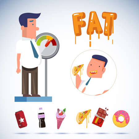 fat businessman on weighing apparatus with junk food. overweight concept- vector illustrationのイラスト素材