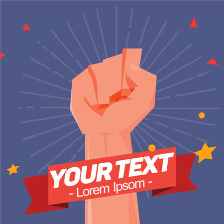 fist hand held high in protest with sun ray background and ribbon to replace your text - vector illustrationのイラスト素材