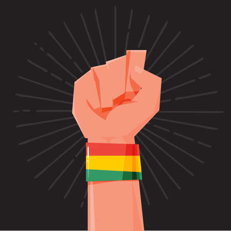 fist hand held high with Rasta style Bracelets. wristband. financial concept - vector illustrationのイラスト素材