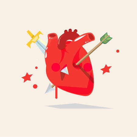 Human Heart impaled by arrow and sword. Concept wounded and hurt heart, broken heart - vector illustrationのイラスト素材