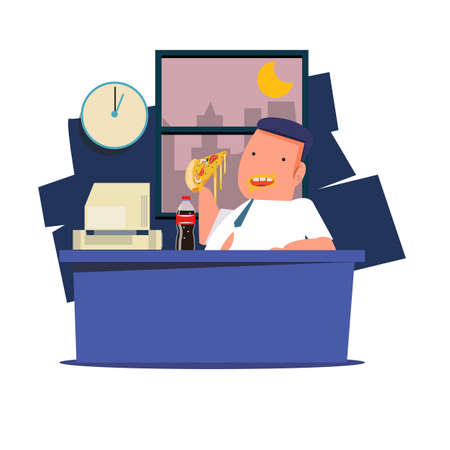 man eating junk food and soda at work. working late night - vector illustrationのイラスト素材