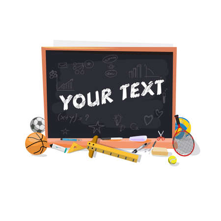 blackboard with inscriptions and sketches .decorate with stationary and school equipment. school concept - illustrationのイラスト素材