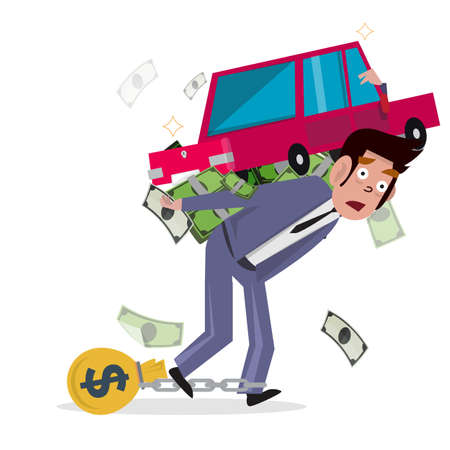 man carrying car with money. loan from car. concept of debt and mortgage loan - illustrationのイラスト素材