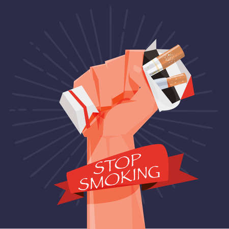 cigarette box in fist hand. giving up smoking. stop smoking concept - vector illustrationのイラスト素材