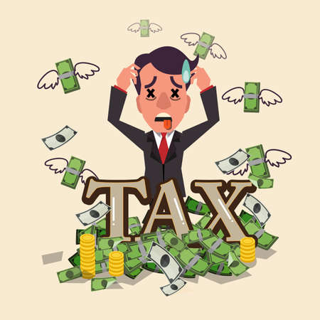 business smart man worry about tax. being puzzled with tax money. flying money and row of coins - vector illustrationのイラスト素材