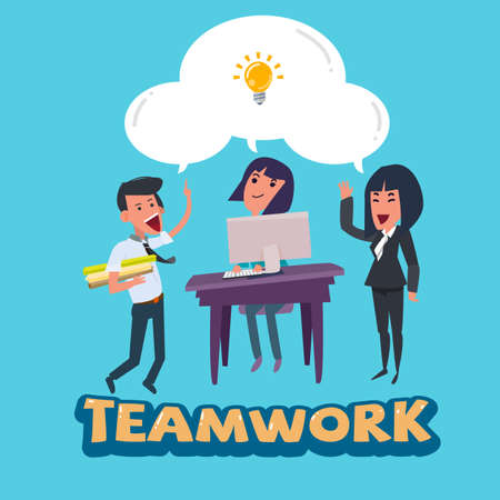 Illustration pour working team of smart man and women with bulb of idea with teamwork typographic. various positions jobs teamwork concept - vector illustration - image libre de droit