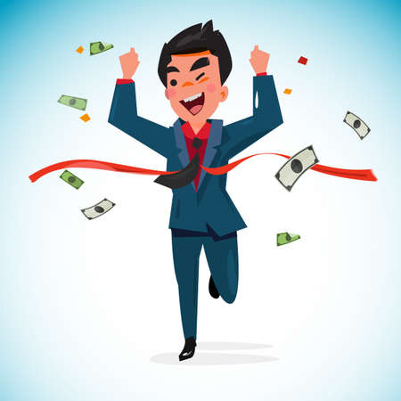 Businessman crossing finish line with money, won a competition. Success Concept. illustrationのイラスト素材