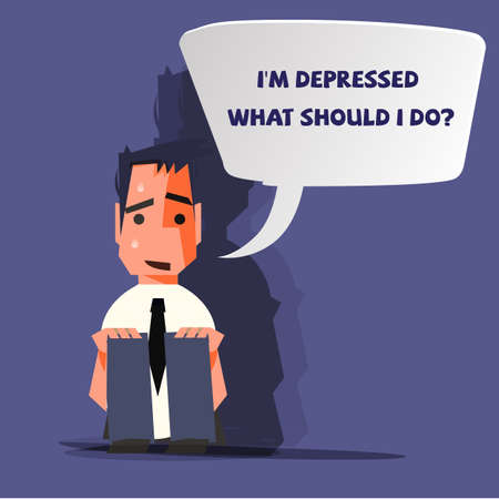 Young businessman sitting on floor with strong shadow. speech bubble to replace your text - illustrationのイラスト素材