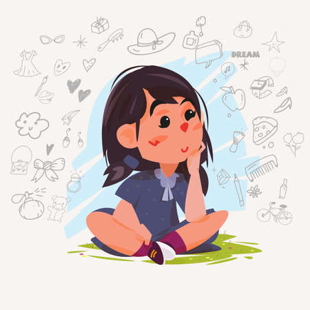 Cute dreaming girl. Young girl sitting on ground and thinking of her plans with doodle icons. character design - vector illustrationのイラスト素材