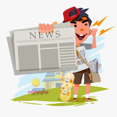 paperboy character showing newspaper and shouting. paperboy with blank paper to replace your content. announcement concept - vector illustrationのイラスト素材