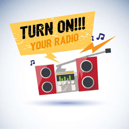 Radio playing cool music and jumping with beat. speech bubble with text "turn on your radio" for replace your text. rock style - vector illustrationのイラスト素材