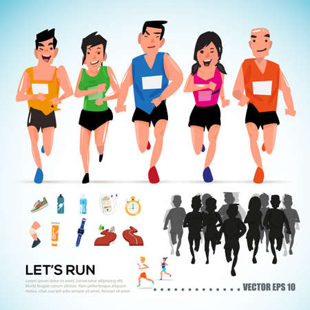 happy runner group with running kit elements and silhouette. character design. info graphic. let's run concept- vector illustrationのイラスト素材