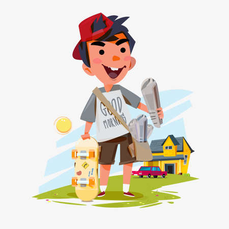 paperboy holding newspaper with his skateboard and people home in background. character design - vector illustrationのイラスト素材