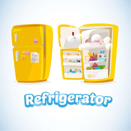 Refrigerator with Full Of Food. Closed and Opened.cute and cartoon style. cool ice typographic design. kitchen concept - Vector Illustrationのイラスト素材