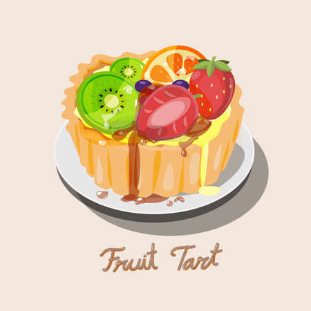 Fresh fruit tart with kiwi, blueberry, orange and strawberry with caramel. come with cute caramel typographic design. dessert tarts - vector illustrationのイラスト素材
