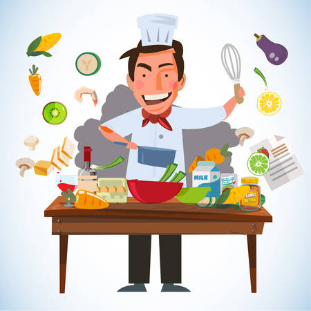 smart chef character cooking behind kitchen table with various of ingredients. kitchen and chef concept - vector illustrationのイラスト素材