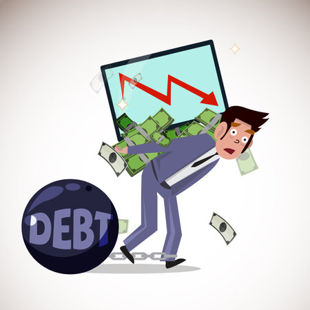 businessman taking monitor  with down chart and money. debt prison ball with chain. bankruptcy - vector illustrationのイラスト素材