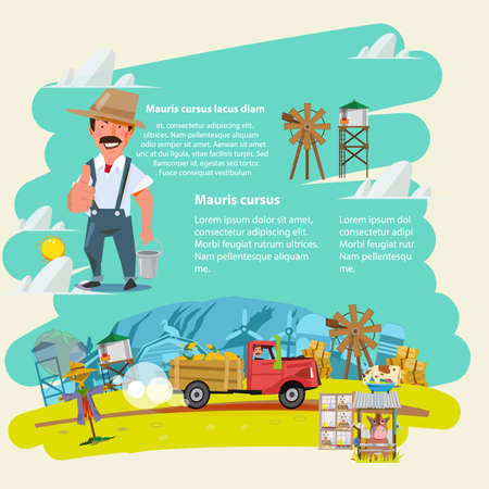 farm truck run across farm scence. farmer guy. Agricultural.  infographic. character design - vector illustrationのイラスト素材
